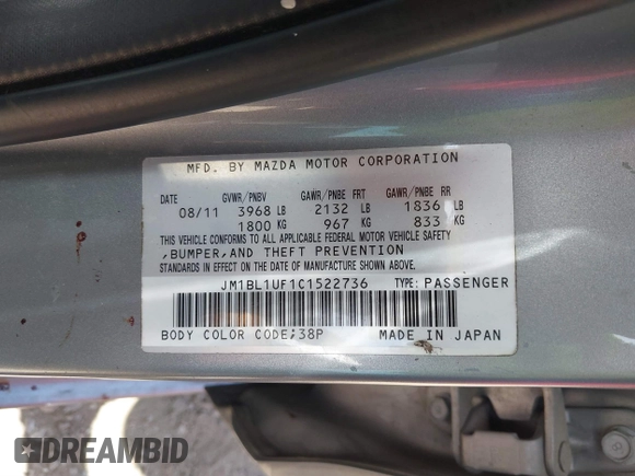 2012 Mazda 3 i Sport with VIN JM1BL1UF1C1522736, listed as a IAAI auction lot 41814466 with 138,315 mi miles and . Bid and sale history available at DreamBid. Image 9.