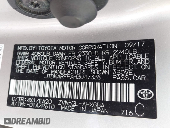 2017 Toyota Prius Plus with VIN JTDKARFPXH3047335, listed as a IAAI auction lot 42586797 with 120,166 mi miles and . Bid and sale history available at DreamBid. Image 9.