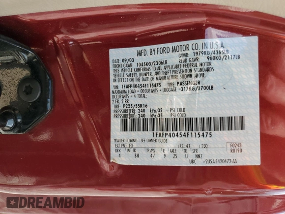 2004 Ford Mustang Standard с VIN 1FAFP40454F115475, выставлен на аукционе Copart как лот 56013105 с пробегом 162 564 миль миль и Списание • Salvage title. История ставок и продаж доступна на DreamBid. Изображение 12.