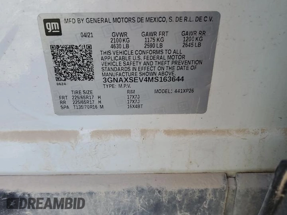 2021 Chevrolet Equinox LS z VIN 3GNAXSEV4MS163644, wystawiony jako Copart lot #81651234 z przebiegiem 90 575 mil mil oraz Szkoda całkowita • Salvage title. Historia ofert i sprzedaży dostępna na DreamBid. Obrazek 12.
