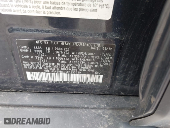 2012 Subaru Outback Prem with VIN 4S4BRBCC5C3252339, listed as a IAAI auction lot 42176404 with Not provided miles and . Bid and sale history available at DreamBid. Image 9.