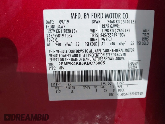 2019 Ford Edge Titanium with VIN 2FMPK4K95KBC76005, listed as a IAAI auction lot 41827772 with 39,476 mi miles. Bid and sale history available at carsss.com. Image 9.
