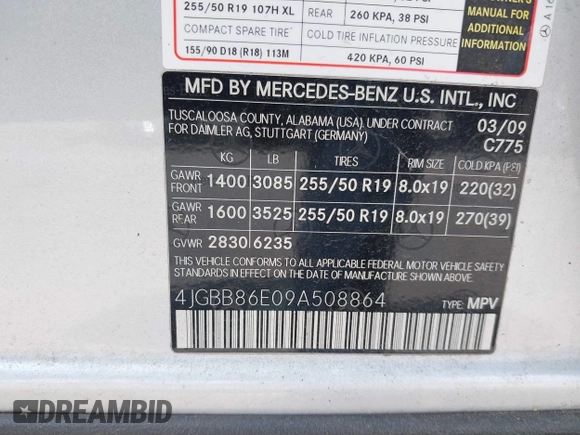 2009 Mercedes-Benz M 350 with VIN 4JGBB86E09A508864, listed as a IAAI auction lot 42211990 with 183,520 mi miles and . Bid and sale history available at carsss.com. Image 9.