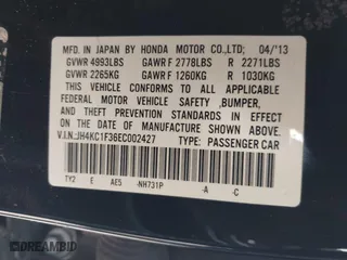 2014 Acura RLX with VIN JH4KC1F36EC002427, listed as a IAAI auction lot 42099583 with 114,671 mi miles. Bid and sale history available at carsss.com. Image 9.