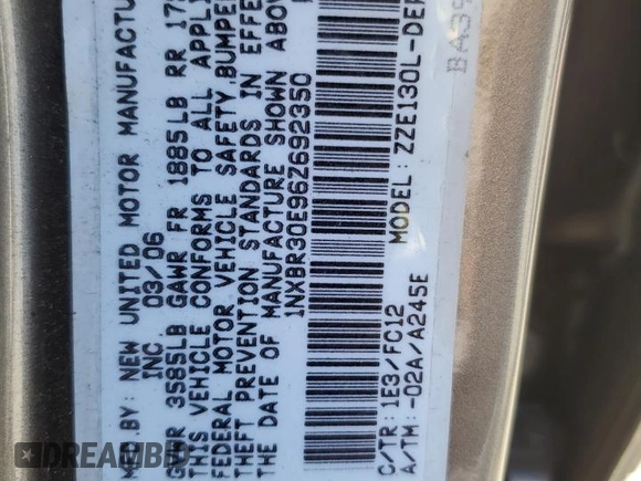 2006 Toyota Corolla CE with VIN 1NXBR30E96Z692350, listed as a Copart auction lot 55927055 with 120,084 mi miles and Clean Title. Bid and sale history available at DreamBid. Image 12.