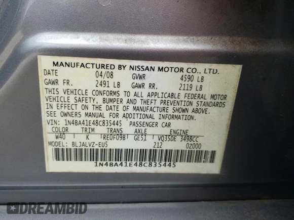2008 Nissan Maxima 3.5 SE with VIN 1N4BA41E48C835445, listed as a Copart auction lot 73683414 with Not Provided miles and Salvage Title. Bid and sale history available at carsss.com. Image 14.