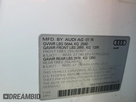 2015 Audi SQ5 Prestige z VIN WA1VGAFPXFA096132, wystawiony jako Copart lot #55285805 z przebiegiem 131 367 mil mil oraz Szkoda całkowita • Salvage title. Historia ofert i sprzedaży dostępna na DreamBid. Obrazek 13.