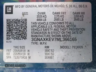 2021 Chevrolet Equinox LT with VIN 3GNAXKEV7ML366165, listed as a IAAI auction lot 41653297 with 66,671 mi miles. Bid and sale history available at carsss.com. Image 9.