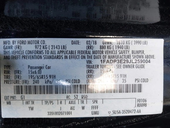 2018 Ford Focus S with VIN 1FADP3E29JL259004, listed as a IAAI auction lot 41841485 with 77,567 mi miles. Bid and sale history available at carsss.com. Image 9.