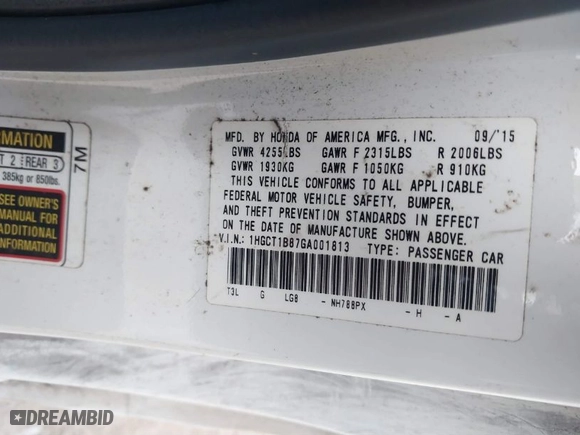 2016 Honda Accord Coupe EX-L with VIN 1HGCT1B87GA001813, listed as a IAAI auction lot 41768315 with 94,410 mi miles. Bid and sale history available at carsss.com. Image 9.