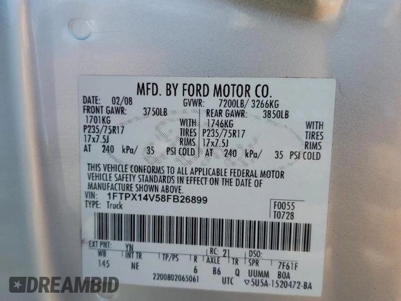 2008 Ford F-150 XLT with VIN 1FTPX14V58FB26899, listed as a Copart auction lot 65811065 with 365,446 mi miles and Salvage title. Bid and sale history available at DreamBid. Image 12.