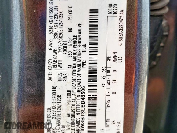 2020 Ford F-350 XL с VIN 1FT8W3BT3LED48506, выставлен на аукционе Copart как лот 57280795 с пробегом 137 529 миль миль и Списание • Salvage title. История ставок и продаж доступна на DreamBid. Изображение 12.