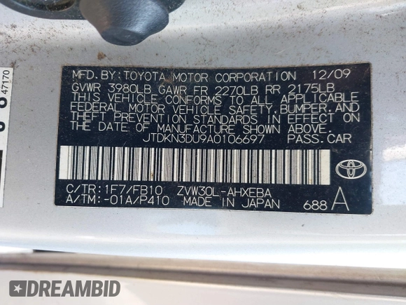 2010 Toyota Prius II with VIN JTDKN3DU9A0106697, listed as a IAAI auction lot 37938406 with 245,315 mi miles. Bid and sale history available at carsss.com. Image 9.