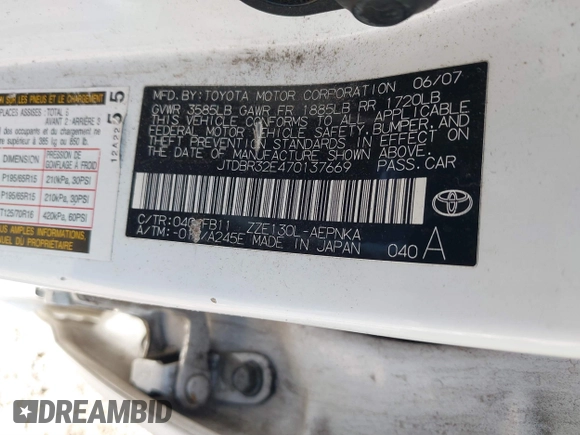 2007 Toyota Corolla CE with VIN JTDBR32E470137669, listed as a IAAI auction lot 40570167 with 119,512 mi miles and . Bid and sale history available at DreamBid. Image 9.