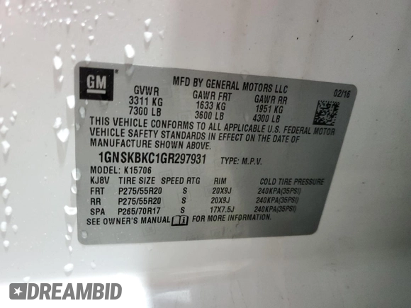 2016 Chevrolet Tahoe LT z VIN 1GNSKBKC1GR297931, wystawiony jako Copart lot #58213565 z przebiegiem 165 140 mil mil oraz Szkoda całkowita • Salvage title. Historia ofert i sprzedaży dostępna na DreamBid. Obrazek 14.