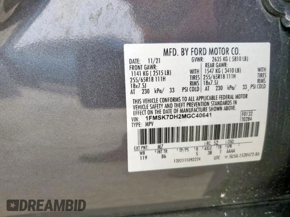 2021 Ford Explorer XLT with VIN 1FMSK7DH2MGC40641, listed as a Copart auction lot 48084795 with 61,802 mi miles and Salvage Title. Bid and sale history available at carsss.com. Image 15.