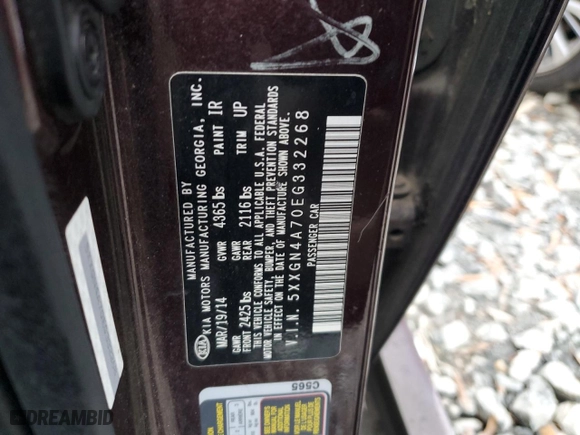 2014 Kia Optima EX with VIN 5XXGN4A70EG332268, listed as a Copart auction lot 86608734 with 153,488 mi miles and Salvage Title. Bid and sale history available at carsss.com. Image 12.