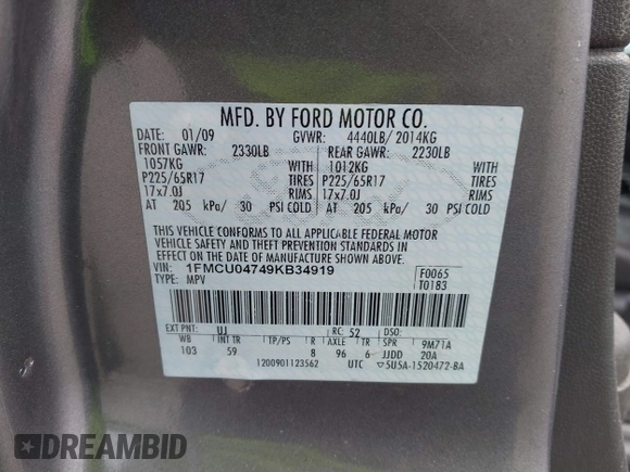 2009 Ford Escape Limited z VIN 1FMCU04749KB34919, wystawiony jako IAAI lot #40820827 z przebiegiem Nie podano mil oraz . Historia ofert i sprzedaży dostępna na DreamBid. Obrazek 9.