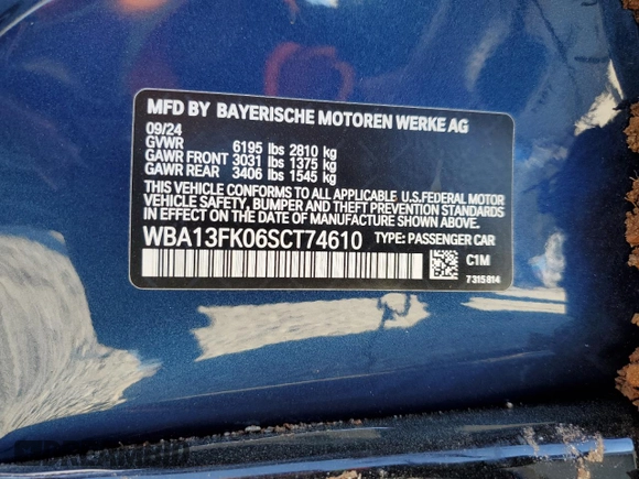 2025 BMW 5 Series with VIN WBA13FK06SCT74610, listed as a Copart auction lot 55362185 with Not provided miles and Salvage title. Bid and sale history available at DreamBid. Image 12.