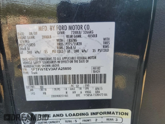 2010 Ford F-150 XL z VIN 1FTFW1EV3AFA25850, wystawiony jako Copart lot #55564575 z przebiegiem 197 709 mil mil oraz Szkoda całkowita • Salvage title. Historia ofert i sprzedaży dostępna na DreamBid. Obrazek 12.