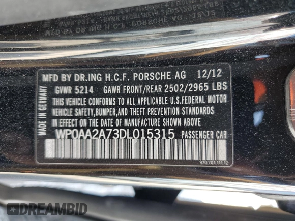 2013 Porsche Panamera with VIN WP0AA2A73DL015315, listed as a Copart auction lot 55418754 with 78,706 mi miles and Salvage Title. Bid and sale history available at carsss.com. Image 12.