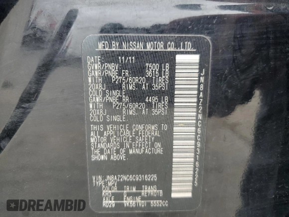 2012 Infiniti QX56 8-passenger z VIN JN8AZ2NC6C9316225, wystawiony jako Copart lot #42955725 z przebiegiem 204 534 mil mil oraz Szkoda całkowita • Salvage title. Historia ofert i sprzedaży dostępna na DreamBid. Obrazek 13.