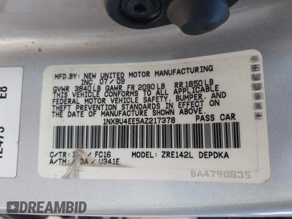 2010 Toyota Corolla with VIN 1NXBU4EE5AZ217378, listed as a IAAI auction lot 41402973 with 130,303 mi miles. Bid and sale history available at carsss.com. Image 9.