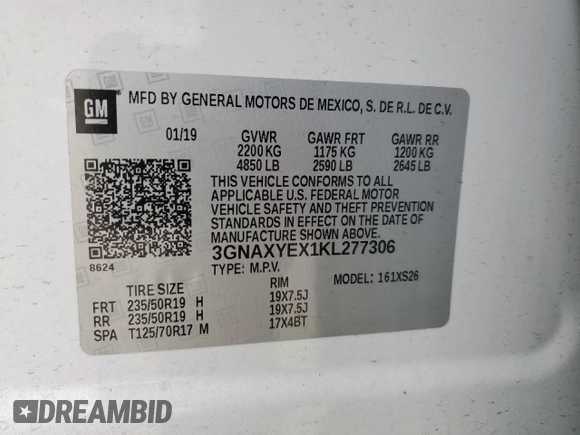 2019 Chevrolet Equinox Premier with VIN 3GNAXYEX1KL277306, listed as a Copart auction lot 44364325 with 49,771 mi miles and Salvage Title. Bid and sale history available at carsss.com. Image 14.