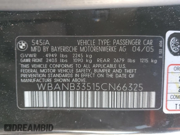 2005 BMW 5 Series 545i with VIN WBANB33515CN66325, listed as a Copart auction lot 89410465 with 155,240 mi miles and Clean Title. Bid and sale history available at carsss.com. Image 12.
