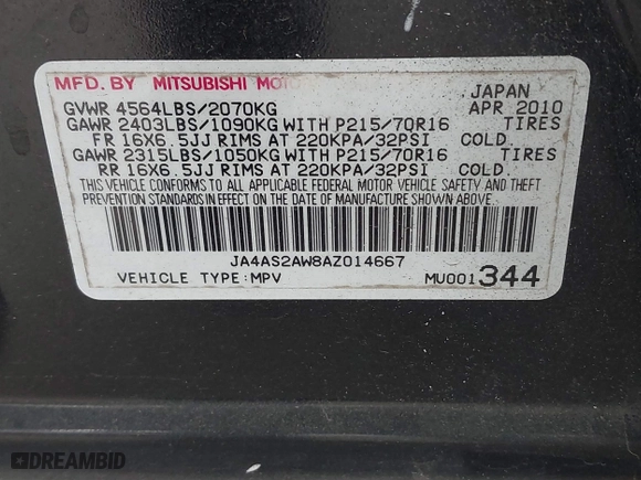 2010 Mitsubishi Outlander ES with VIN JA4AS2AW8AZ014667, listed as a IAAI auction lot 41921018 with 64,626 mi miles. Bid and sale history available at carsss.com. Image 9.