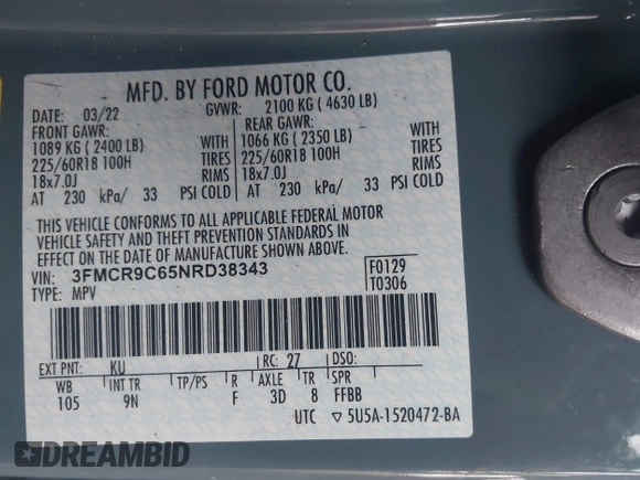 2022 Ford Bronco Sport Outer Banks с VIN 3FMCR9C65NRD38343, выставлен на аукционе IAAI как лот 42267297 с пробегом 80 036 миль миль и . История ставок и продаж доступна на DreamBid. Изображение 9.
