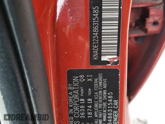 2008 Kia Rio LX with VIN KNADE123486315485, listed as a Copart auction lot 46528395 with 140,976 mi miles and Salvage Title. Bid and sale history available at DreamBid. Image 14.