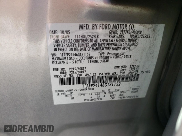 2006 Ford Five Hundred SEL with VIN 1FAFP24146G131152, listed as a Copart auction lot 76795674 with 219,090 mi miles and Salvage Title. Bid and sale history available at carsss.com. Image 14.