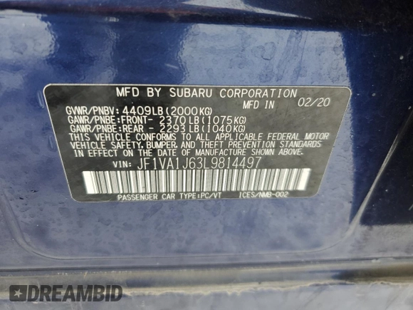 2020 Subaru WRX Limited with VIN JF1VA1J63L9814497, listed as a Copart auction lot 87590315 with 57,443 mi miles and Salvage Title. Bid and sale history available at carsss.com. Image 13.