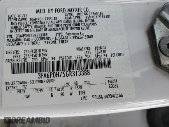 2016 Ford Fusion SE with VIN 3FA6P0H75GR313388, listed as a Copart auction lot 52805775 with 110,896 mi miles and Salvage Title. Bid and sale history available at carsss.com. Image 12.
