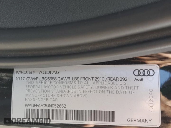 2018 Audi S6 Premium Plus z VIN WAUFFAFC5JN052662, wystawiony jako Copart lot #51669145 z przebiegiem Nie podano mil oraz Szkoda całkowita • Salvage title. Historia ofert i sprzedaży dostępna na DreamBid. Obrazek 12.