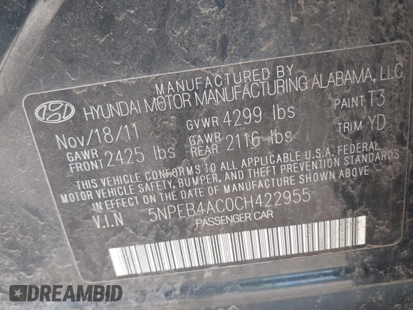 2012 Hyundai Sonata GLS with VIN 5NPEB4AC0CH422955, listed as a IAAI auction lot 42113670 with Not Provided miles. Bid and sale history available at carsss.com. Image 9.