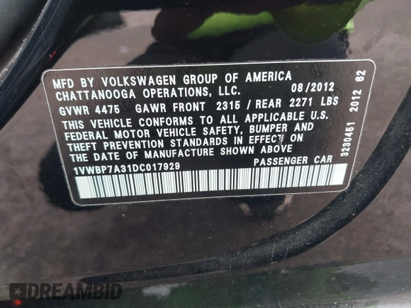 2013 Volkswagen Passat SE with VIN 1VWBP7A31DC017929, listed as a IAAI auction lot 42174320 with 169,596 mi miles and . Bid and sale history available at DreamBid. Image 9.