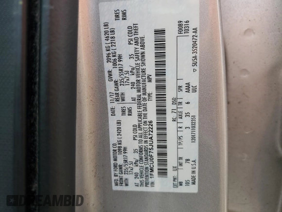 2018 Ford Escape S with VIN 1FMCU0F75JUA72226, listed as a Copart auction lot 59788795 with 87,031 mi miles and Clean title. Bid and sale history available at DreamBid. Image 13.