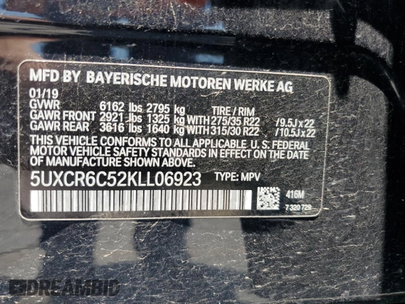 2019 BMW X5 xDrive40i with VIN 5UXCR6C52KLL06923, listed as a Copart auction lot 60109655 with 90,374 mi miles and Salvage title. Bid and sale history available at DreamBid. Image 14.