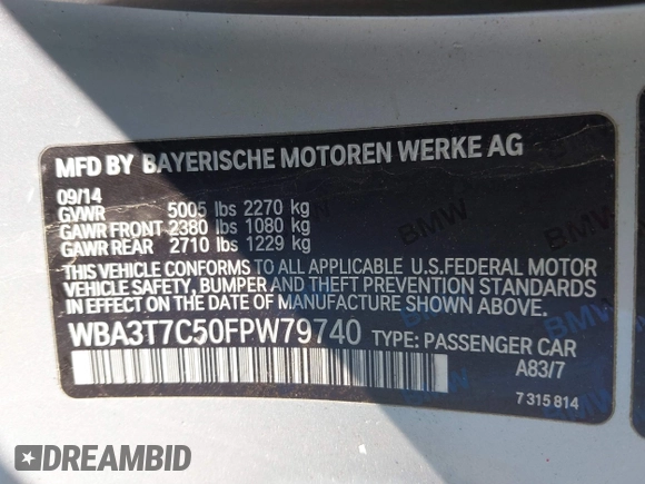 2015 BMW 4 Series 435i xDrive with VIN WBA3T7C50FPW79740, listed as a IAAI auction lot 41740148 with 90,205 mi miles and . Bid and sale history available at carsss.com. Image 9.