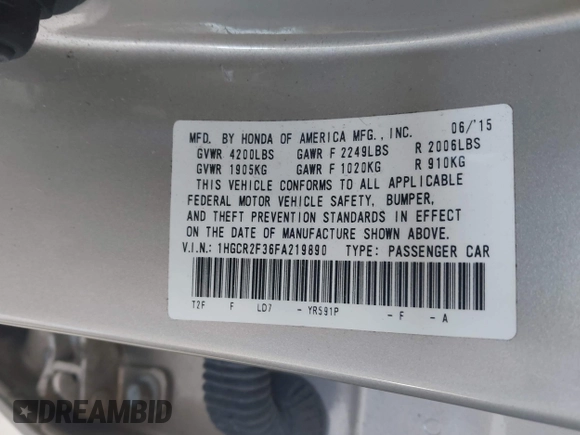 2015 Honda Accord LX with VIN 1HGCR2F36FA219890, listed as a IAAI auction lot 42068423 with Not Provided miles. Bid and sale history available at carsss.com. Image 9.