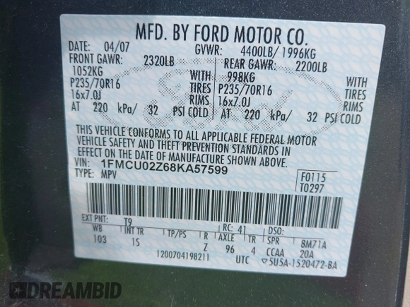 2008 Ford Escape XLS with VIN 1FMCU02Z68KA57599, listed as a IAAI auction lot 42128361 with 140,003 mi miles and . Bid and sale history available at DreamBid. Image 9.