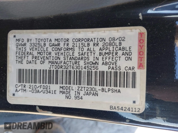 2003 Toyota Celica GT with VIN JTDDR32T630145256, listed as a IAAI auction lot 41347172 with 172,571 mi miles and . Bid and sale history available at DreamBid. Image 9.