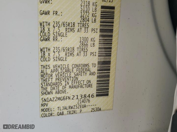 2015 Nissan Murano SL with VIN 5N1AZ2MG6FN213846, listed as a Copart auction lot 52785565 with 159,689 mi miles and Salvage Title. Bid and sale history available at carsss.com. Image 12.