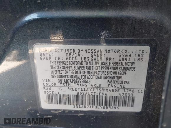 2014 Nissan Sentra SV z VIN 3N1AB7AP0EY289545, wystawiony jako IAAI lot #42731437 z przebiegiem 50 310 mil mil oraz . Historia ofert i sprzedaży dostępna na DreamBid. Obrazek 9.