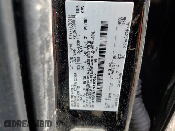 2017 Ford F-150 XL z VIN 1FTEW1EF7HFB53832, wystawiony jako Copart lot #57627195 z przebiegiem Nie podano mil oraz Szkoda całkowita • Salvage title. Historia ofert i sprzedaży dostępna na DreamBid. Obrazek 13.