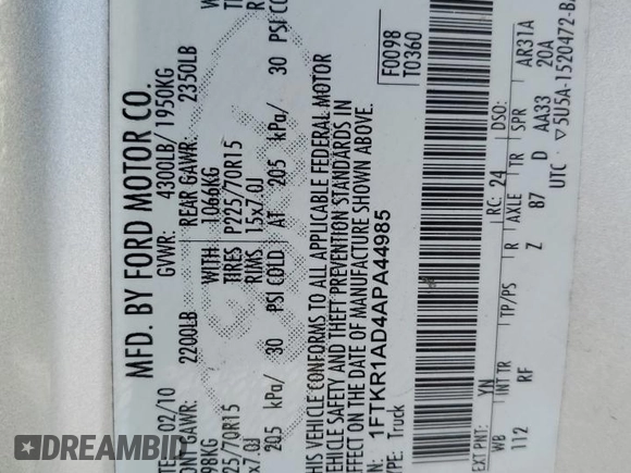 2010 Ford Ranger XL with VIN 1FTKR1AD4APA44985, listed as a Copart auction lot 59517295 with 57,541 mi miles and Salvage title. Bid and sale history available at DreamBid. Image 12.