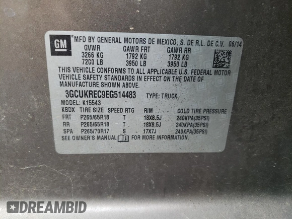 2014 Chevrolet Silverado 1500 LT with VIN 3GCUKREC9EG514483, listed as a Copart auction lot 65087724 with 175,584 mi miles and Non Repairable. Bid and sale history available at DreamBid. Image 12.