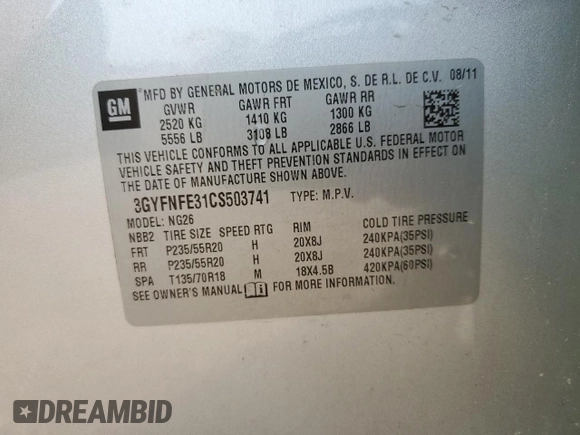 2012 Cadillac SRX Premium Collection with VIN 3GYFNFE31CS503741, listed as a Copart auction lot 58597105 with 176,675 mi miles and Salvage title. Bid and sale history available at DreamBid. Image 13.